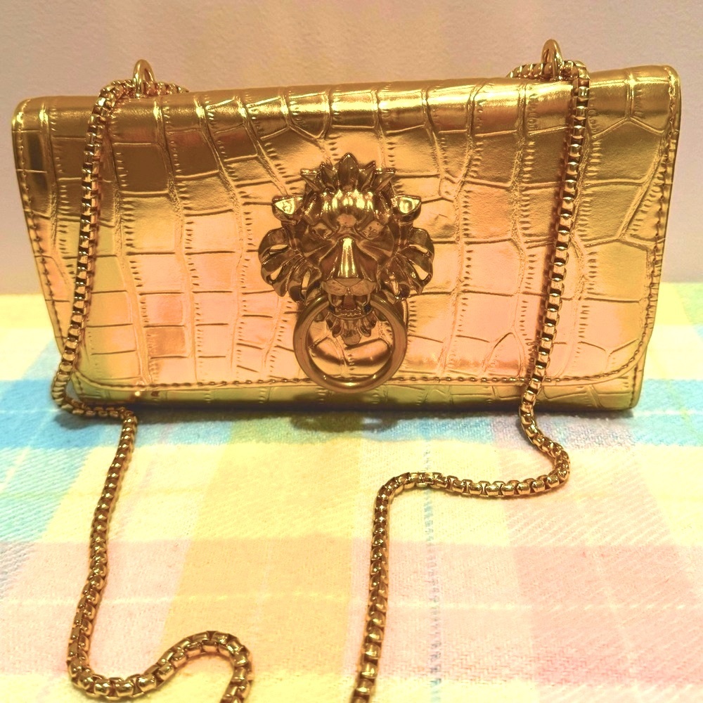 New Glamorous Rare Gold Croc-Embossed Wristlet with Ornate Clasp, no label.